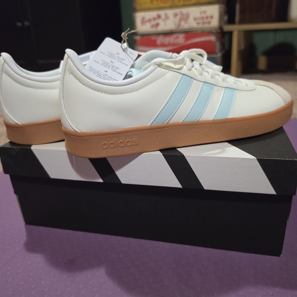 adidas Men’s White Sneakers with Light Blue Stripes and Gum Sole